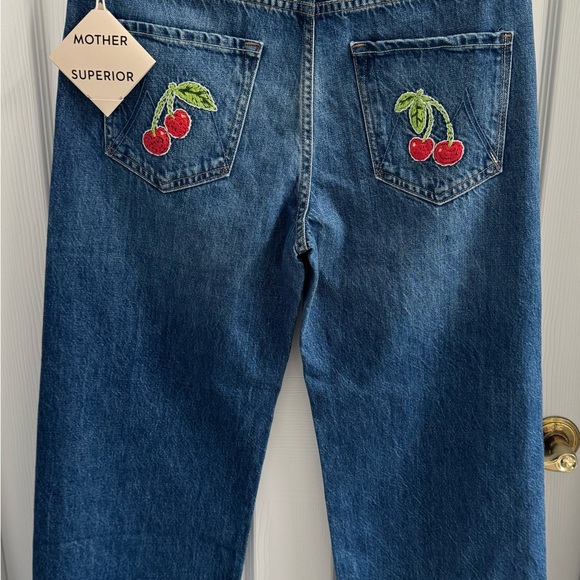 MOTHER Blue Straight Leg Jeans with Cherry Embroidery - Picture 2 of 11